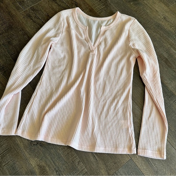 Waffle Knit Thermal Long Sleeved Top Basic Layering Vneck - Picture 1 of 4